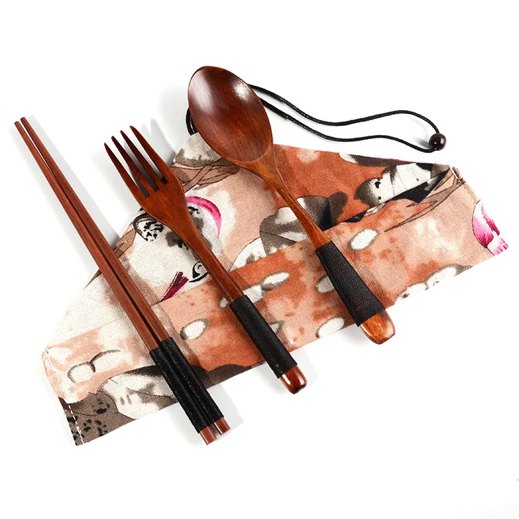 Портативный в японском стиле бамбуковое столовые приборы 3 шт. набор для пикника