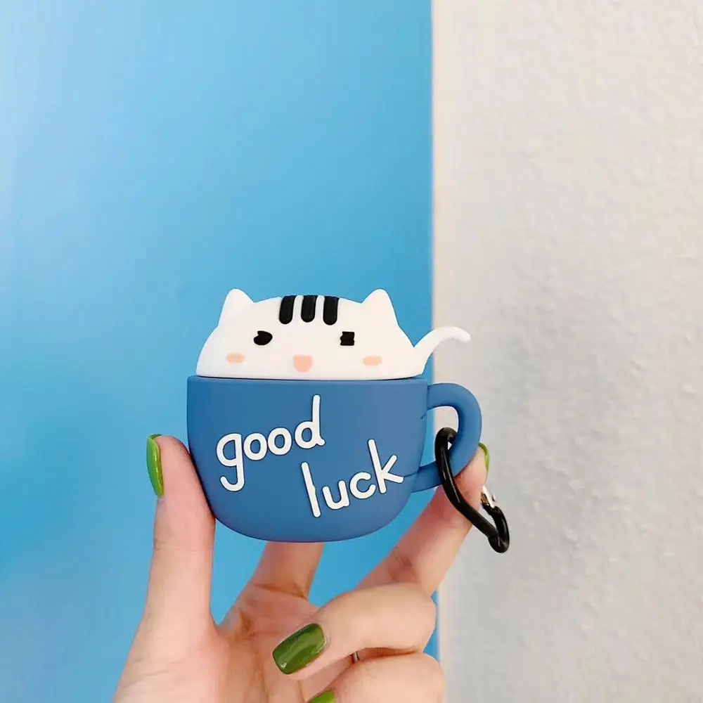 Силиконовый чехол для наушников Apple AirPods с мультяшным котом и чашкой беспроводных