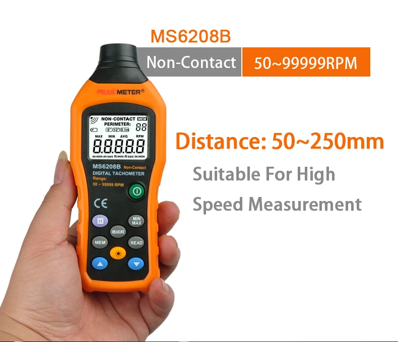 Официальный PEAKMETER PM6208B Бесконтактный цифровой тахометр 50~ 99999 об./мин Максимальная скорость метр вращения тестер