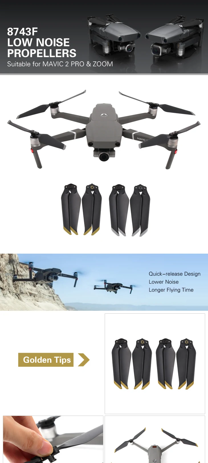 1 пара 8743 CW CCW Mavic 2 Pro Zoom Propeller 8743F малошумные пропеллеры быстросъемное лезвие дрона Siver Неоригинальное