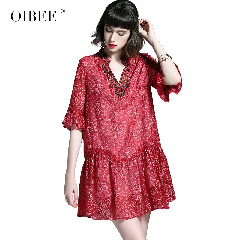 Flower red OIBEE2019 летнее платье сладкое слово было тонкое v короткое шифоновое платье с короткими рукавами женское - Цвет: Flower red