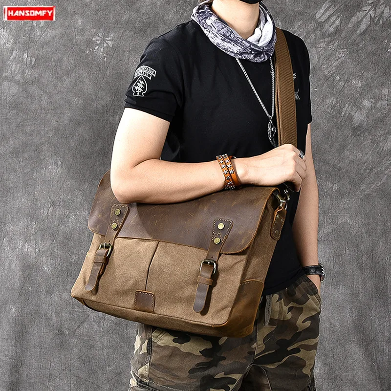 Men Handbag Shoulder Slung Bag Poor Male Laptop Messenger Bag Vintage British Wind Canvas Stitching Crazy Horse Leather Soft