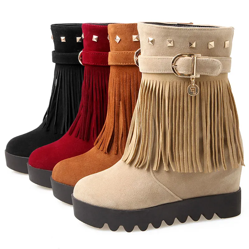 

Fanyuan fringe Size 34-43 Add Fur Women Shoes Woman Tassels Autumn Winter Boots Fashion mid calf Snow Boots with Wedges heel