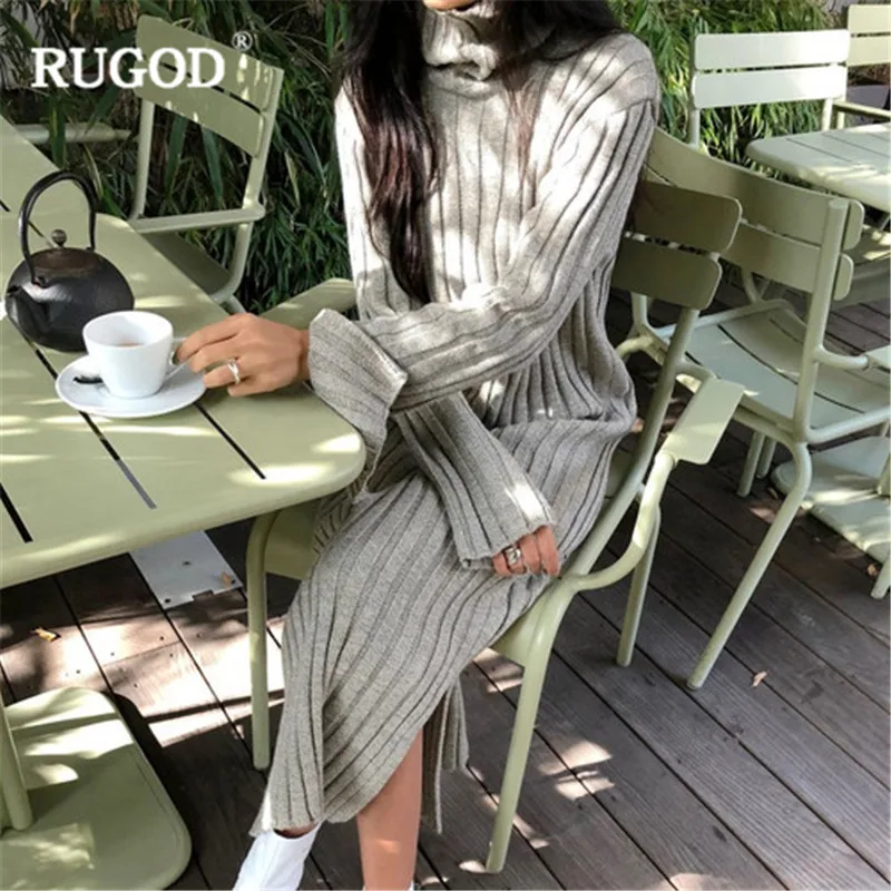 RUGOD Осень Зима Водолазка вязаное платье женское эластичное Полосатое прямое сплит длинное платье корейские пуловеры с длинным рукавом джемпер