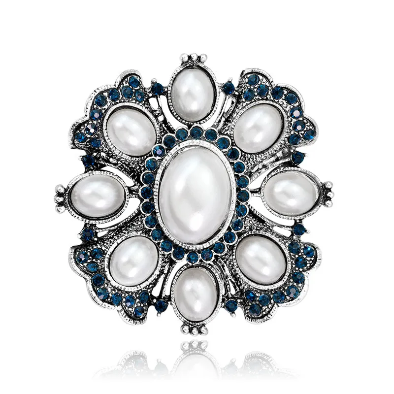 Antique Silver Винтажная жемчужная брошь, булавки и броши для женщин, синяя брошь со стразами-кристаллами, ювелирное изделие, цветок, гирлянда, воротник, шарф, аксессуары - Цвет камня: Antique Silver