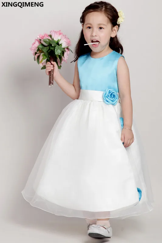 Голубой атласной Платья для девочек на свадьбу дешевые простой первый причастия