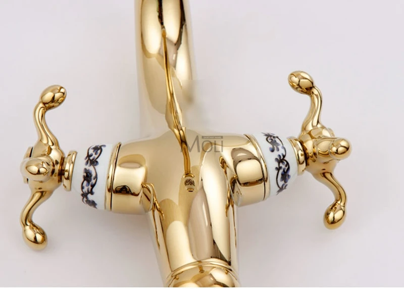 Роскошный Золотой смеситель для раковины в ванную комнату медный с одним