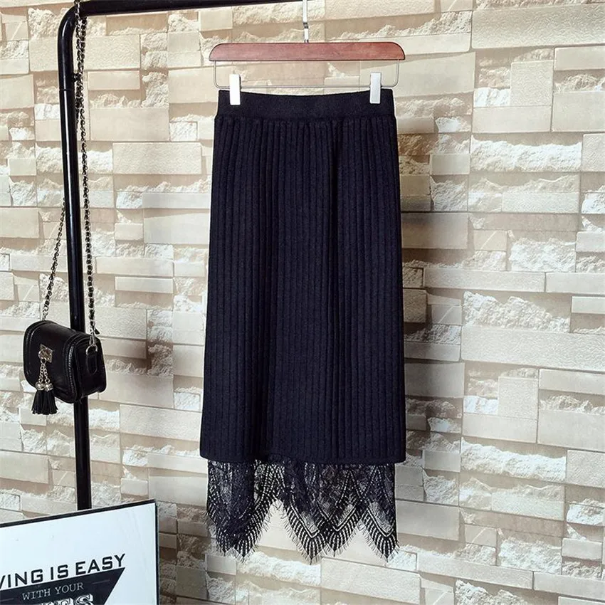 Кружевная трикотажная юбка WZ708 теплая Женская с высокой талией и поясом по бокам