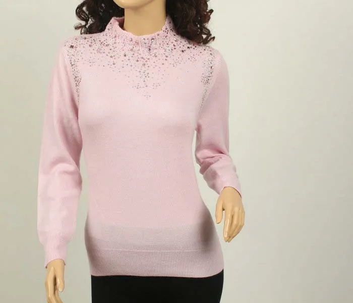 specials large size 100%goat cashmere women's basics sweater pullover half-high collar diamond sequins S-5XL | Женская одежда