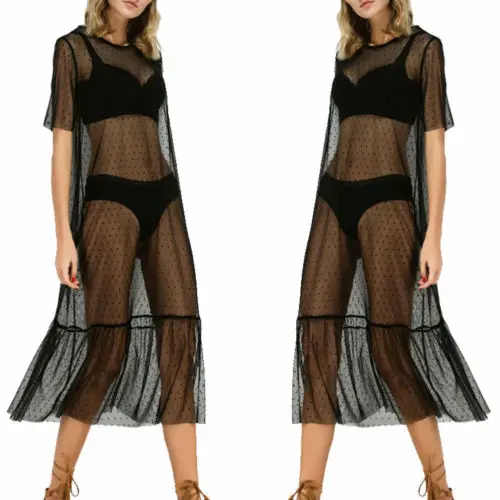 Sexy Women Short Sleeve See-through Mesh dress ruffles dot loose mid-calf beach wear sundress | Женская одежда