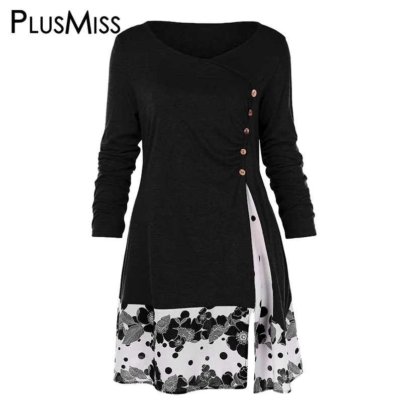 Черный PlusMiss размера плюс 5XL драпированное платье с цветочным принтом длинная туника футболки Для женщин Весна топы с длинными рукавами футболки для девочек больших Размеры XXXXL XXXL XXL - Цвет: Черный