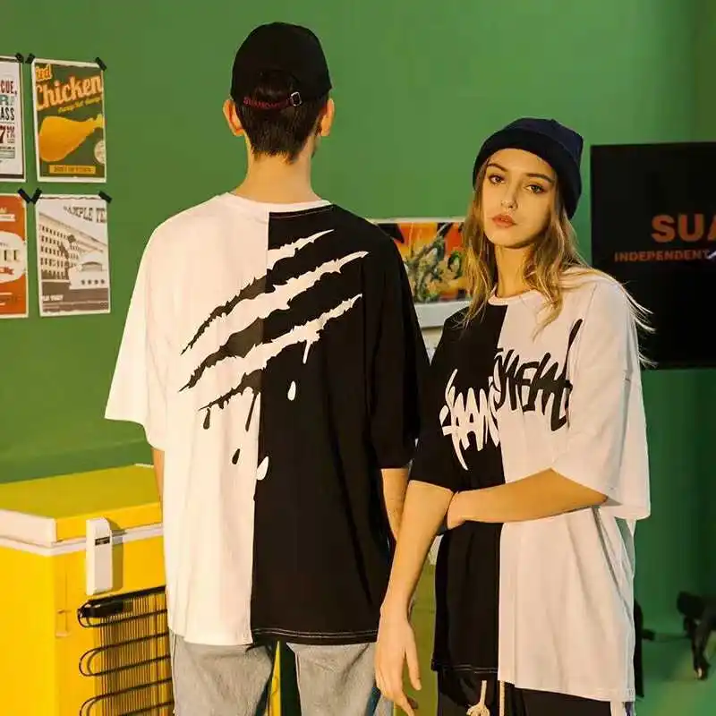 Лето Футболка Мужская хип хоп Для женщин тройники мода сращивания печати Твердые