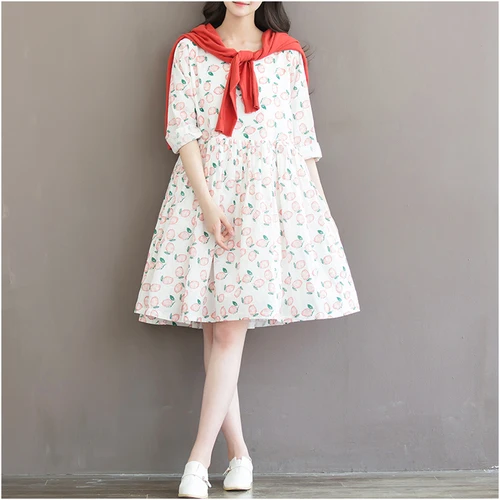 La MaxPa женское платье сладкое Персиковое с принтом хлопок свободное длинный рукав