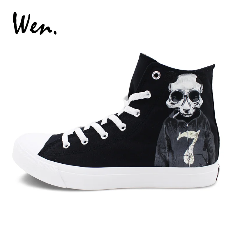 Wen Hand Painted Shoes Panda Skull Smoke Sweater Numbers 7 and 9 High Top Canvas Unisex Designs Black Sneakers Skateboard | Спорт и