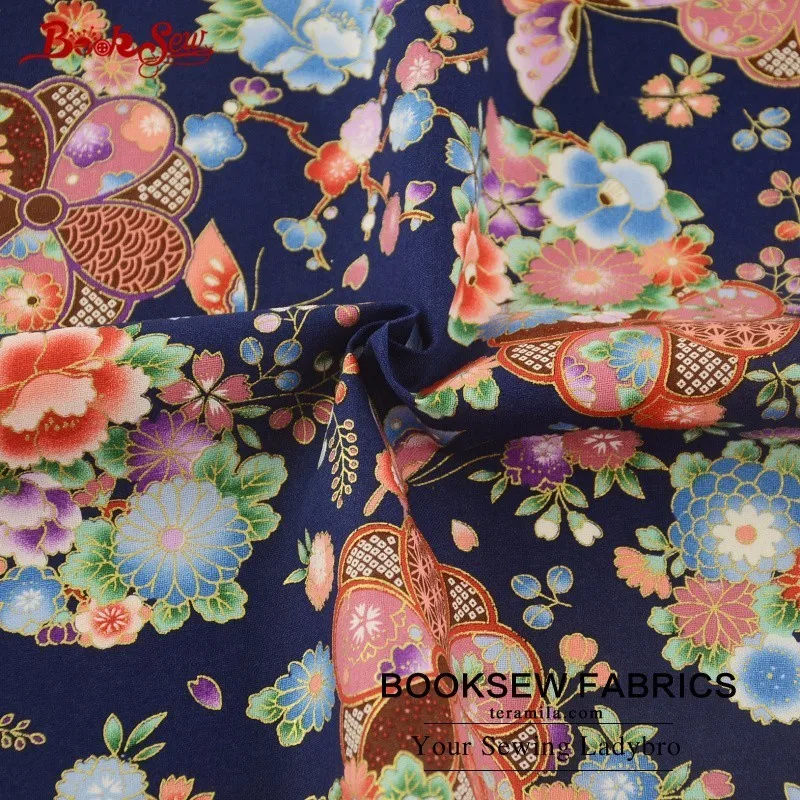 Хлопковая льняная ткань Booksew с бабочками и цветами Золотая фольга темно синяя для
