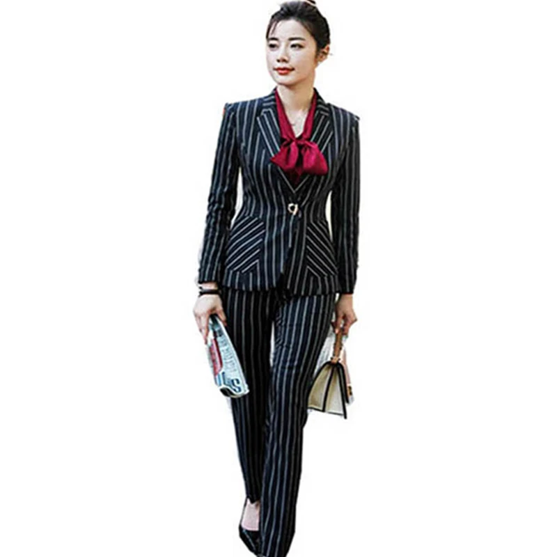 

Korean Style Fashion Work Pants Suits 2 Pieces Sets Stripe Jacket & Trouser Office Lady Suit Leisure Long Sleeve Bow Shirt