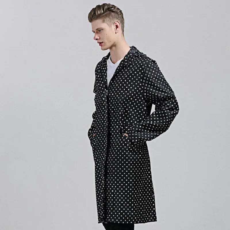 XL мужское тонкое пончо черное непромокаемое длинное пальто в горошек для рыбалки