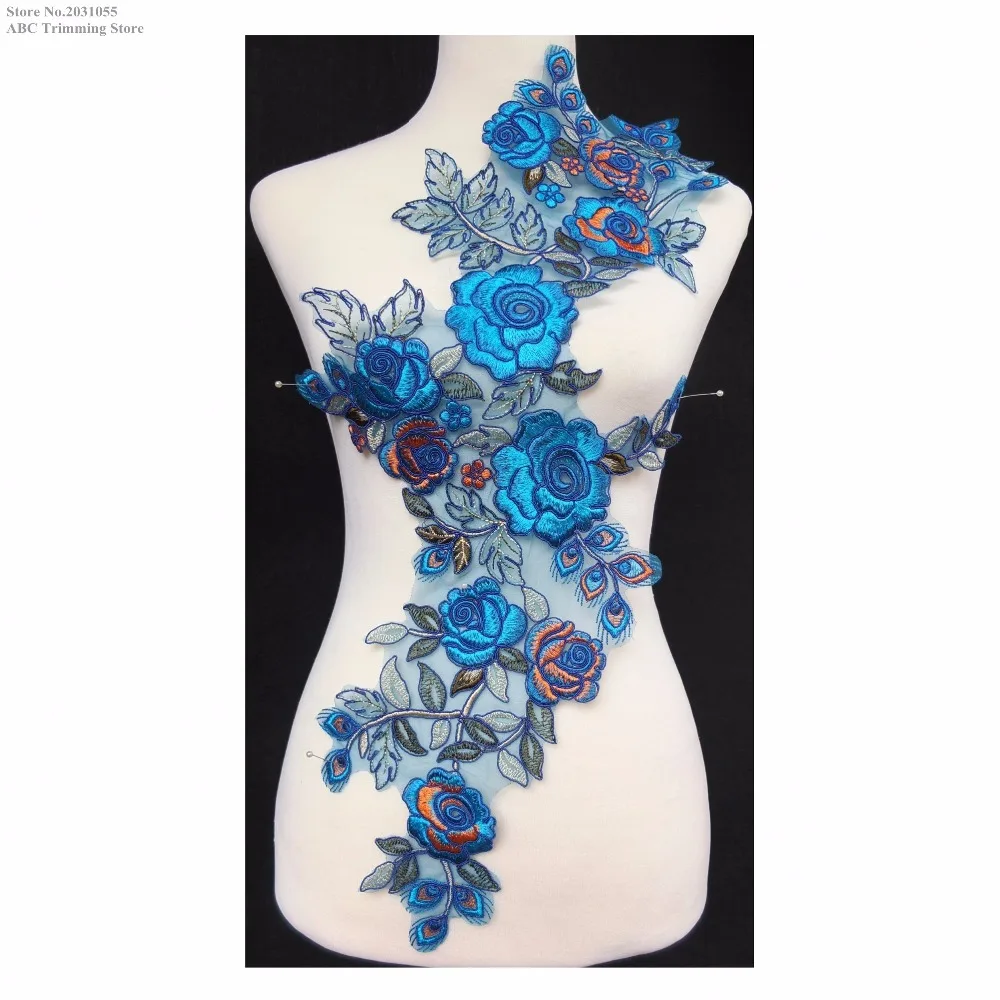 Новый синий/оранжевый Вышитые нашивки Цветы Кружева Аппликации воротник танцы