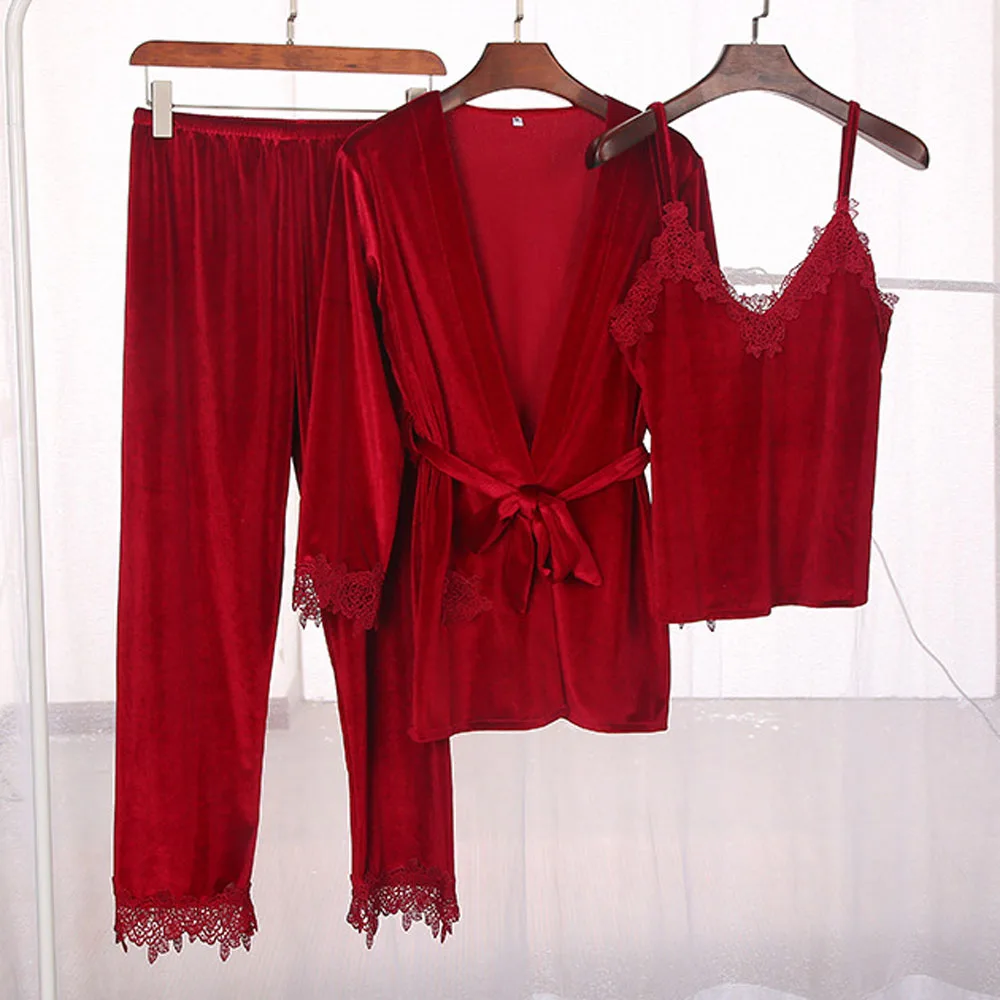 2019 зимняя женская сексуальная бархатная Пижама с кружевом пижамный комплект
