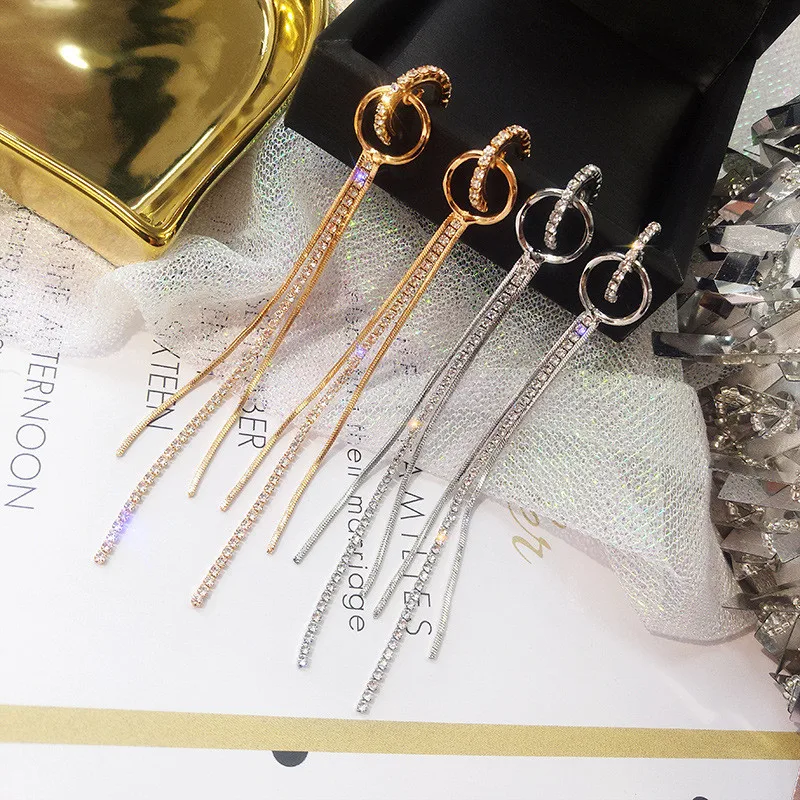 LUBOV New Long Alloy Rhinestone Hoop Earrings Gold Color Tassel Small Circles for Women Wedding Jewelry | Украшения и аксессуары