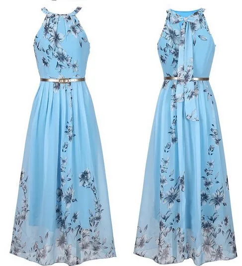 2018 длинное шифоновое платье с цветочным принтом и лямкой на шее женское
