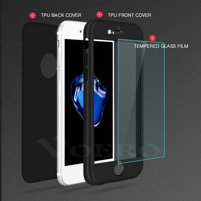 VOERO Luxury Soft TPU Silicone 360 Full Cover Cases For iPhone 7 6s 6 case 5 5s for Plus with glass |