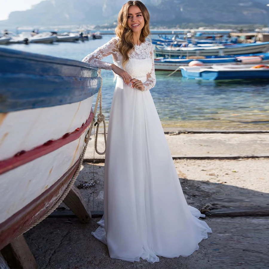 Простое Прозрачное Кружевное Платье Vestidos De Noiva с длинными рукавами и открытой