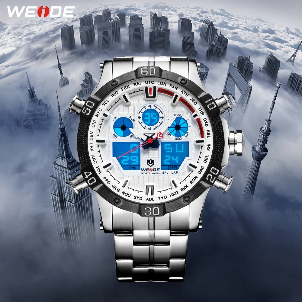 WEIDE кварцевые спортивные наручные часы, повседневные настоящие мужские часы, брендовые Роскошные мужские часы из нержавеющей стали, цифровые светодиодные часы с датой