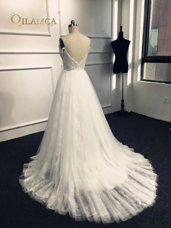2018 винтажные Свадебные платья трапециевидной формы с кружевом и жемчугом