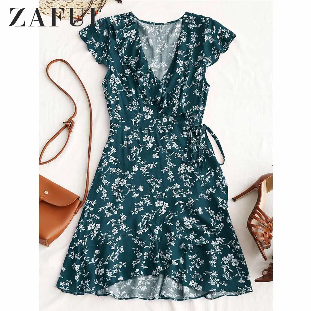 ZAFUL Летнее Платье Женщины Цветочные Рюшами Boho Мода V Шеи Повседневные Пляжные