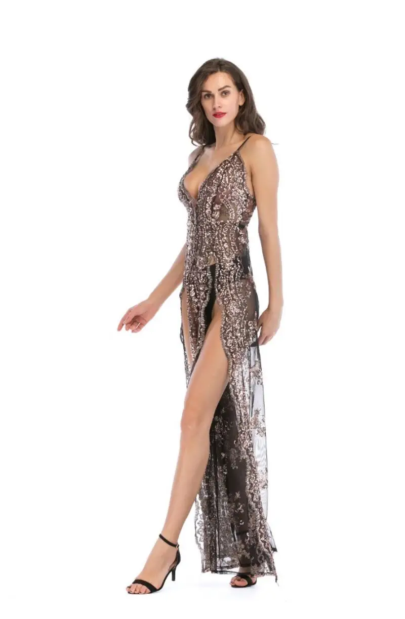 

Women's dress new black Chinese sequined V-neck sexy halter mop long dress Sling large swing large size female dinner dress