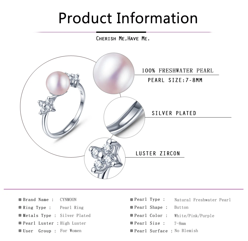 7-8mm Real Natural Freshwater White Pearl Ring for Women Wedding Gift Romantic Trendy Sterling Silver Adjustable Jewelry | Украшения и
