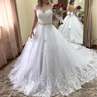 2021 new sparkly sequined wedding dresses backless bow beadings wait sash white lace appliques bridal gowns custom plus size