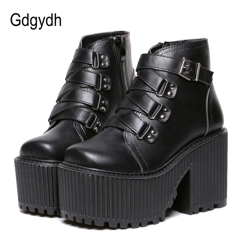 

Gdgydh Leather Round Toe High Heel Boots Women Shoes Buckle Rubber Sole Black Platform Shoes Autumn Ankle Boots Punk Shoes Cool