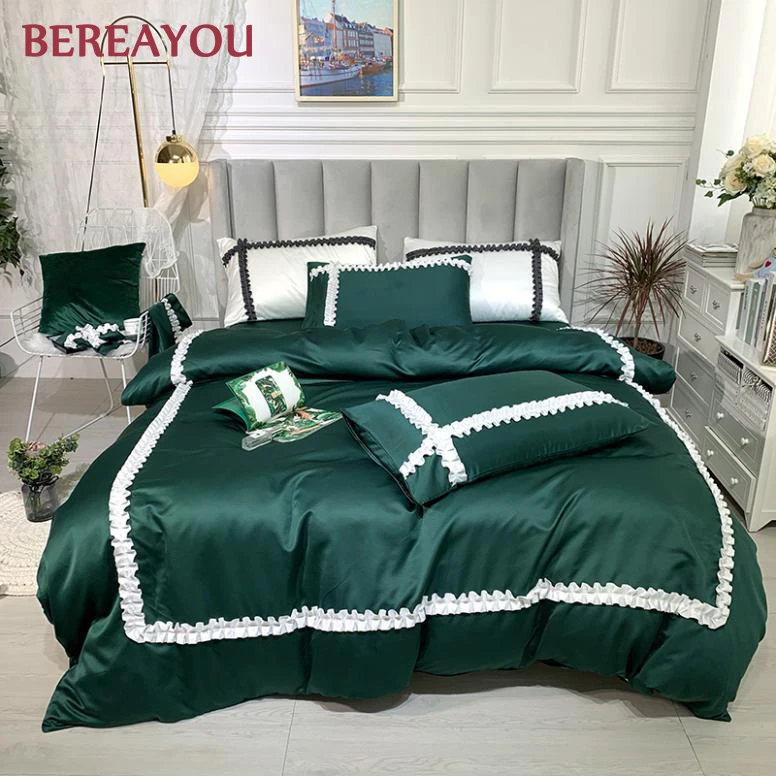 Simple Tencel Bedding Set Princess Satin Girls Flat Bed Sheet Twin Queen King Size Duvet Cover Warm Soft 3/4pcs parure de lit | Дом и сад
