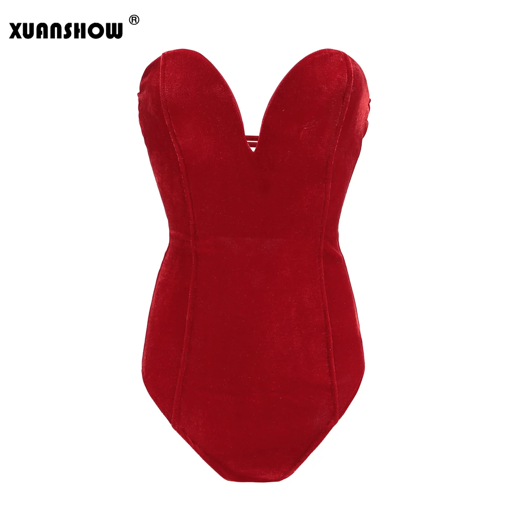 Red XUANSHOW, сексуальный милый бюстье, боди, Одноцветный, с открытой спиной, на шнуровке, вельветовый комбинезон,, летний, обтягивающий, элегантный, женский боди - Цвет: Red