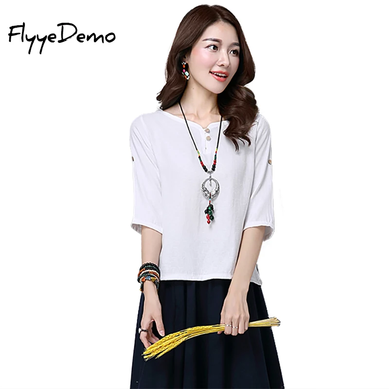 Женская хлопковая льняная рубашка с круглым вырезом и рукавом 3/4 свободные топы
