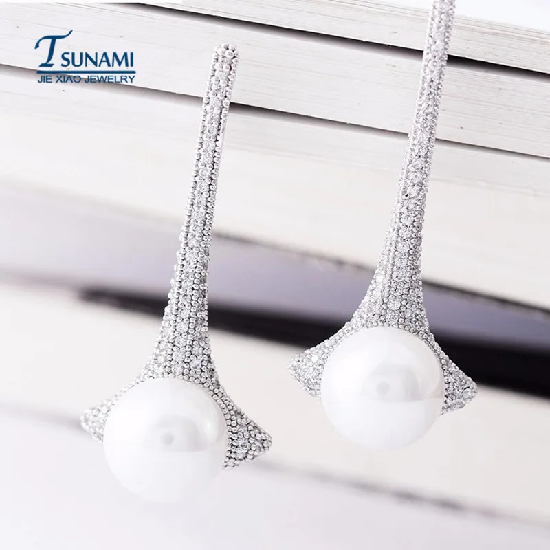 Роскошные серьги с микрозакрепкой из фианита и жемчуга модные украшения невеста