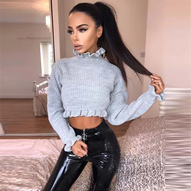 Pullover Women Sweaters Autumn Winter Loose Ruffled Collar Long Sleeve Short Sweater Sexy Fashion Top Knitting | Женская одежда