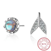 mermaid bubble studs earrings s925 silver blue crystal seaweed cushion fishtail earring for women jewelry female