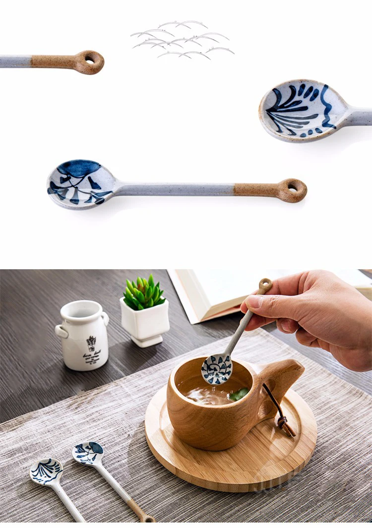 ANTOWALL 4Pcs ceramic spoon with long handle, tea coffee scoop dessert spoon blue and white porcelain spoon send random