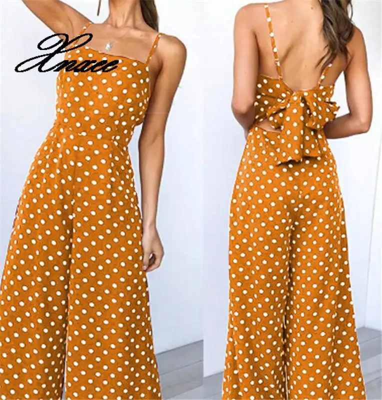 

Women Sleeveless Polka Dots Loose Trousers Wide Leg Pants Rompers Holiday Backless Bow Leotard Overalls