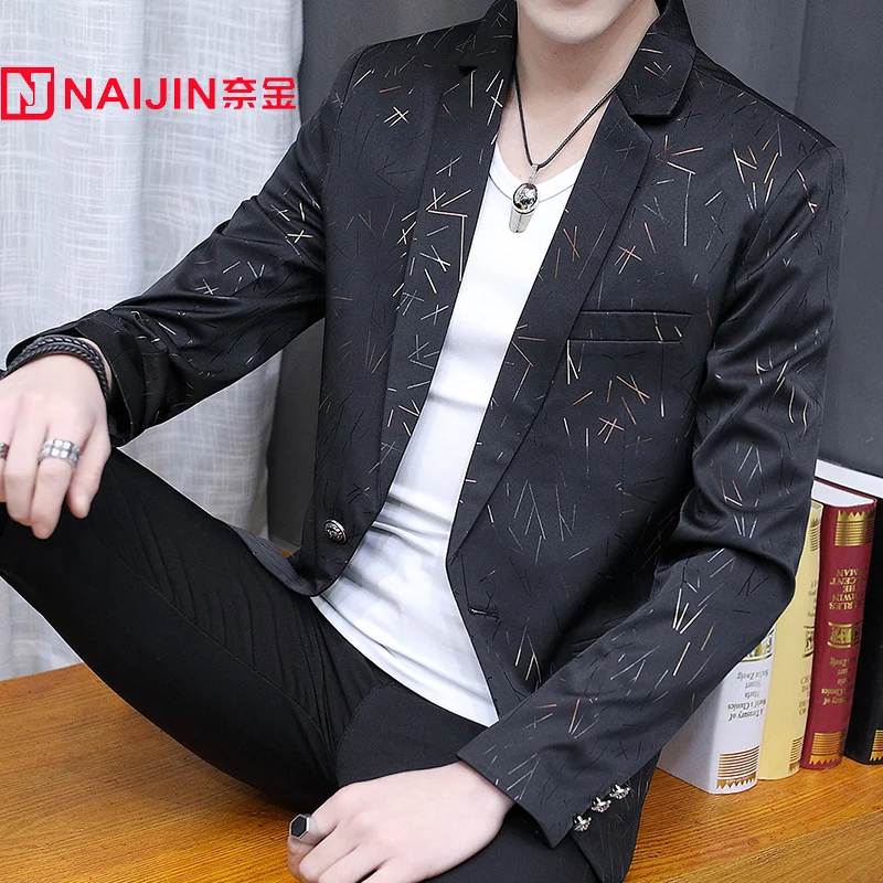 

2019 spring casual print blazer men handsome irregular line blazer slim trend