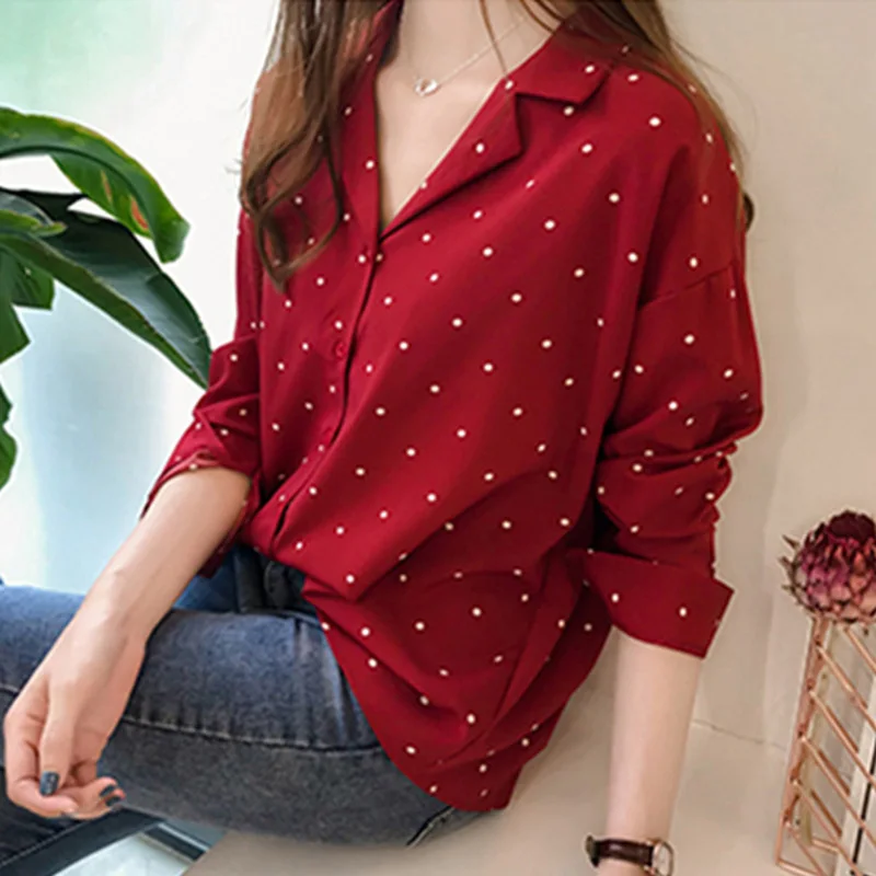 

NEW Women Long Sleeve Dot Shirt Fashion Women Blouse Plus Size Turn-down Collar Shirts Slim Elegant Office Feminine Blouse