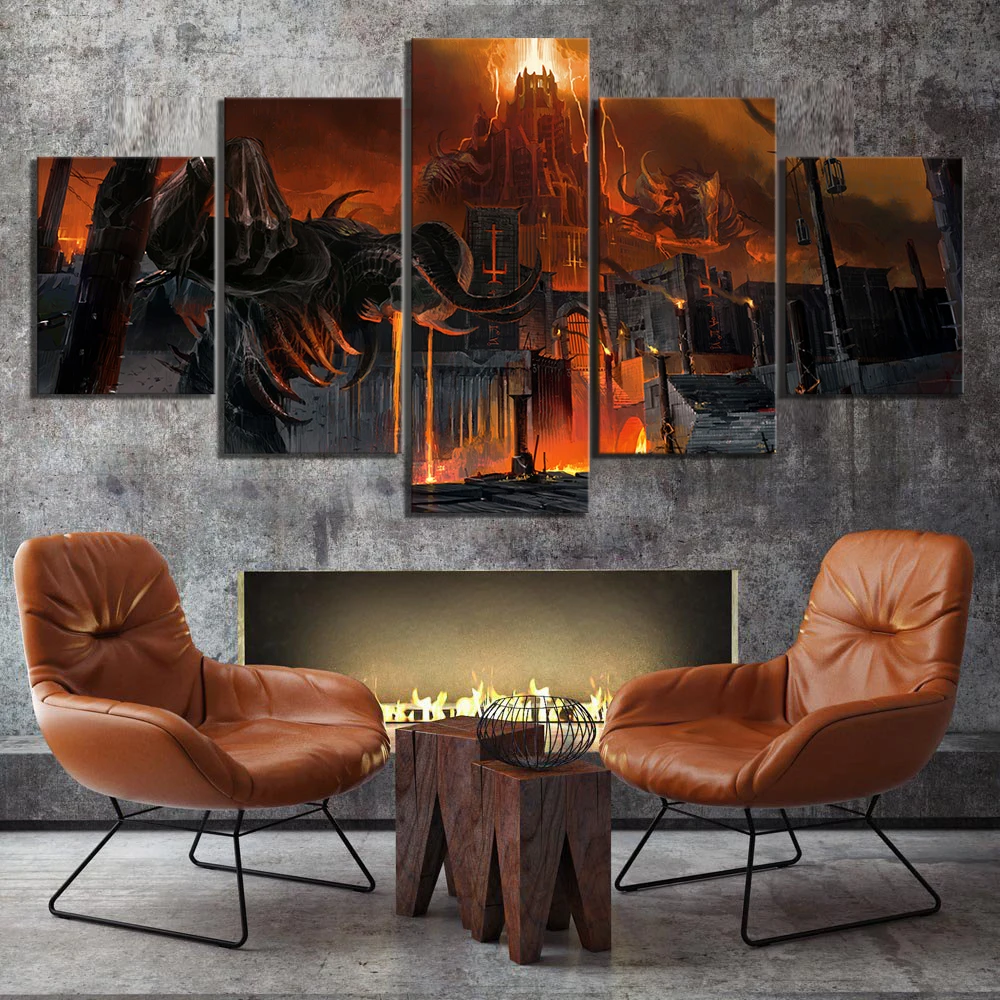 

5 Piece Fantasy Art HD Skeleton Skull Picture Doom Eternal Game Poster Artwork Canvas Paintings Wall Art for Home Decor