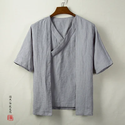 Grey KUANGNAN китайское кимоно кардиган мужские Рубашки 4XL пуловер японское кимоно мужские летние кимоно рубашка мужские уличные лето - Цвет: Grey