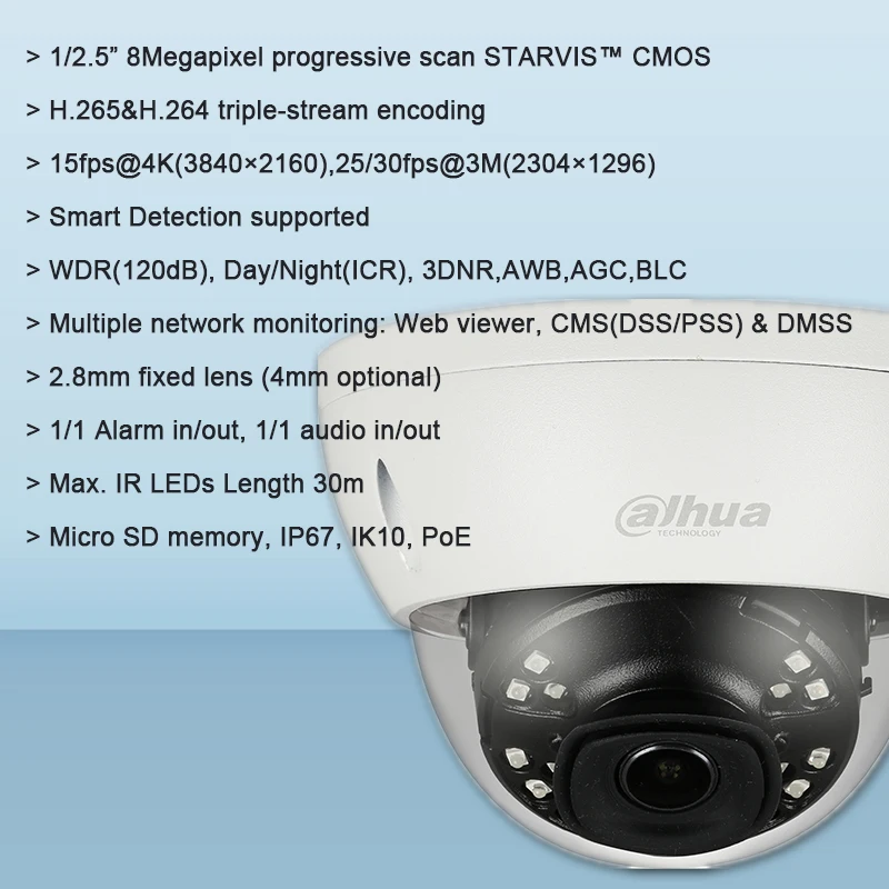 Dahua IPC-HDBW4831E-ASE 8MP POE IR мини купольная сетевая камера 30m IP67 IK10 Аудио Сигнализация слот