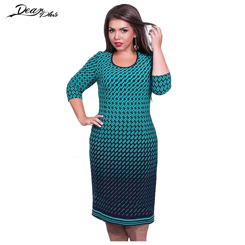 Women Plus Size Bodycon Dress Elegant Plaid Print Gradient Casual Slim Shift Three Quarter Sleeve Pencil L to 6XL | Женская одежда