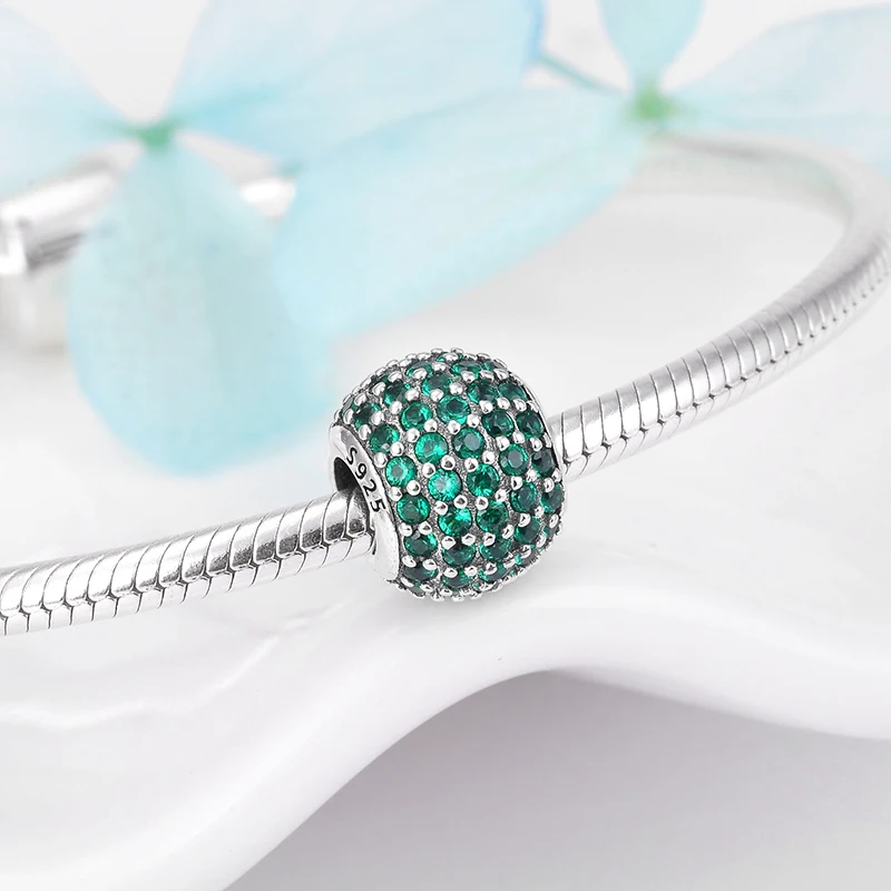 100% 925 Sterling Silver Inlaid Green Zirconia Fine Charm Beads DIY Fit Original European Style Bracelet Necklace Jewelry Making | Украшения