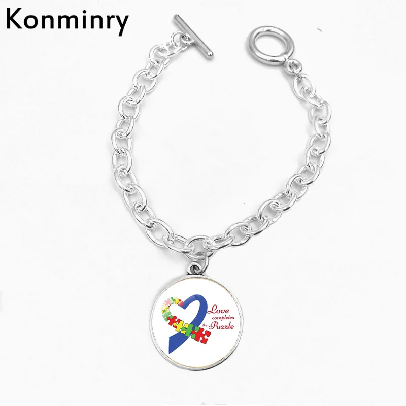 16 Konminry аутизма дизайн логотипа любовь браслет со стеклянным кабошоном кулон ручной работы серебристого цвета; Цвета цепь с плетением «бабочка» BangleFor Для женщин Для мужчин - Окраска металла: 16